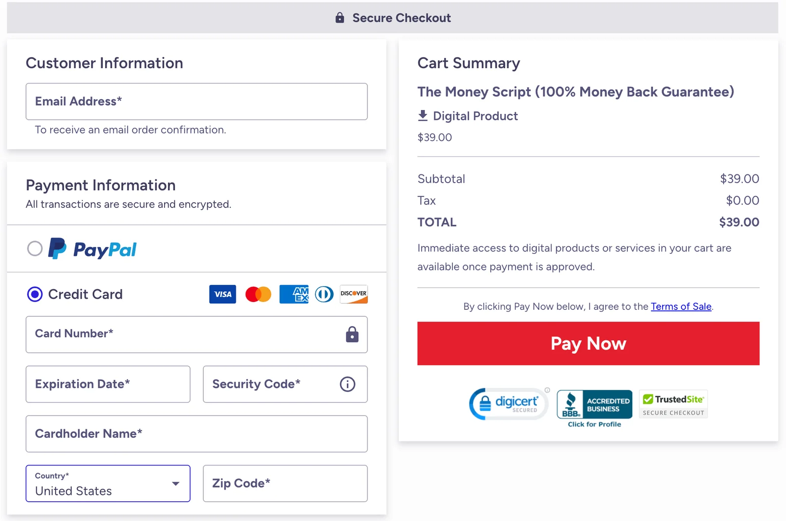 The Money Script Checkout Page